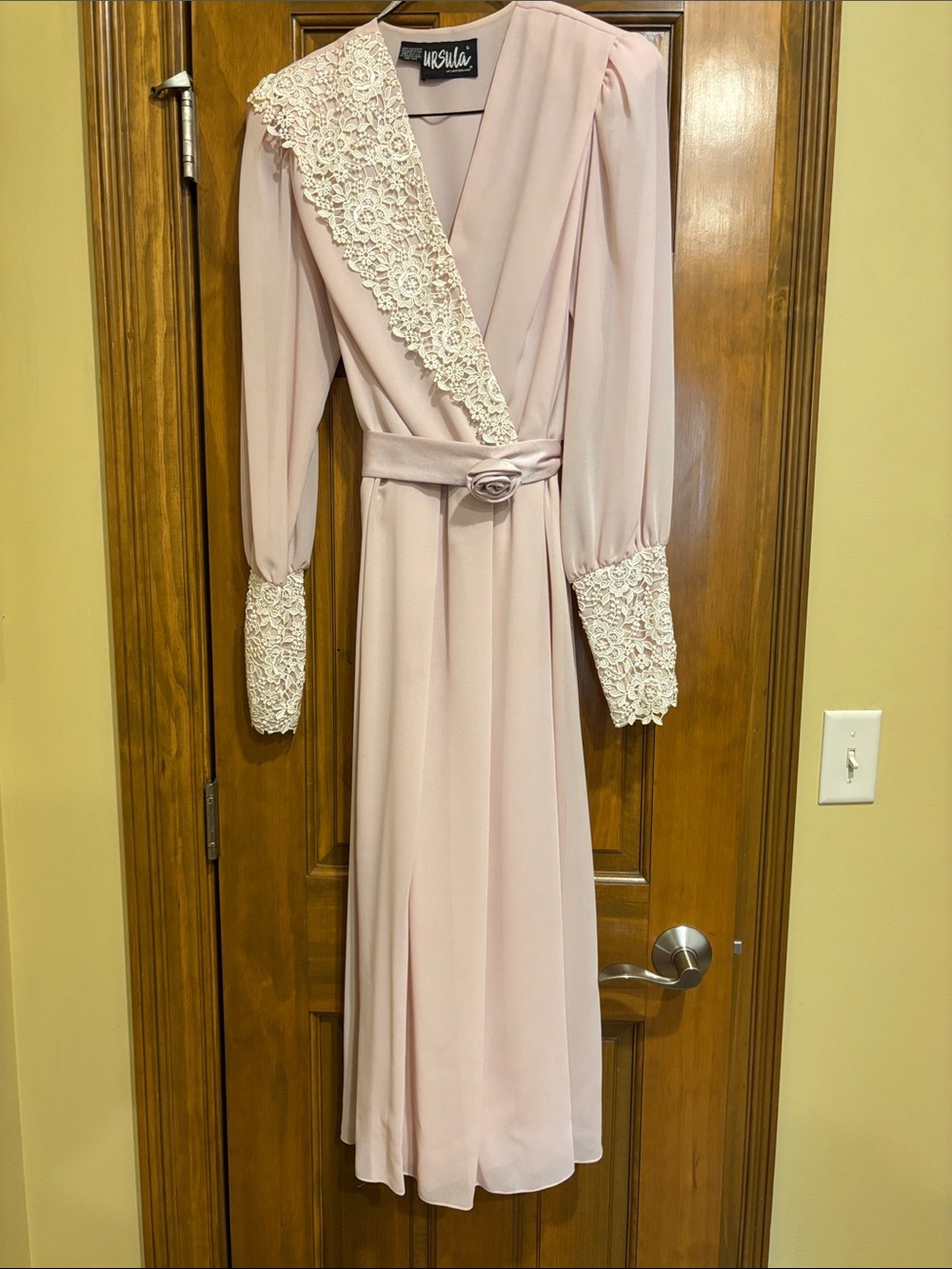 Ursula of Switzerland Pale Pink Long Sleeve Lace Trim Wrap Dress